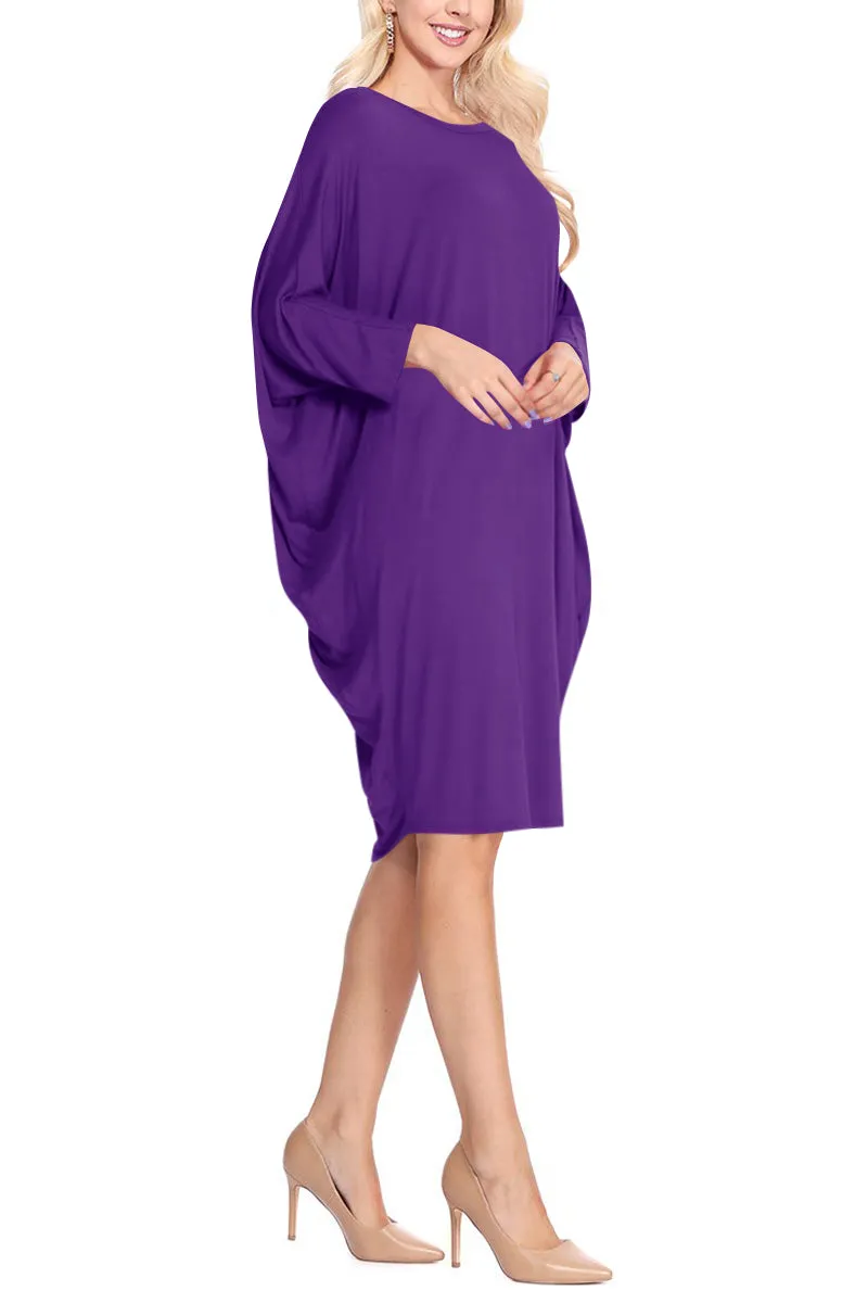 Women's Dolman Sleeves Side Draped Lightweight Solid Midi Dress S-XL