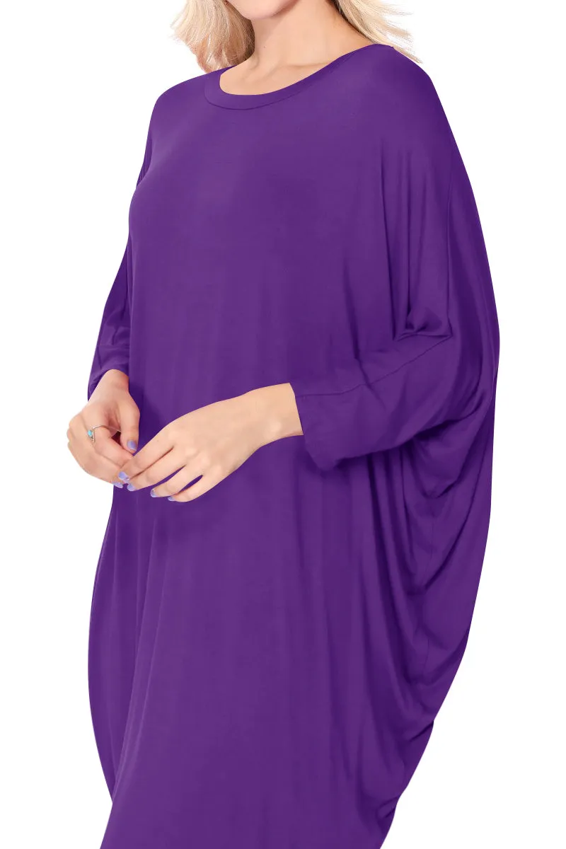 Women's Dolman Sleeves Side Draped Lightweight Solid Midi Dress S-XL