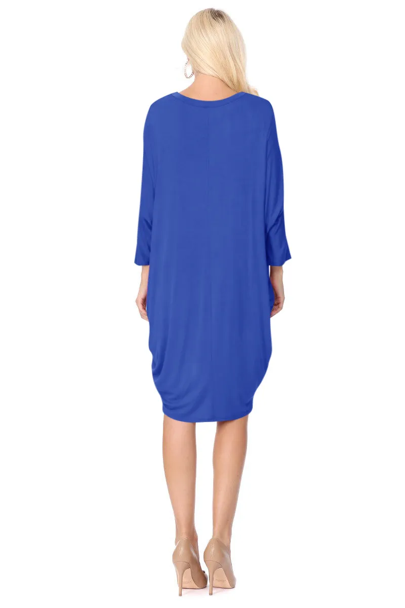 Women's Dolman Sleeves Side Draped Lightweight Solid Midi Dress S-XL