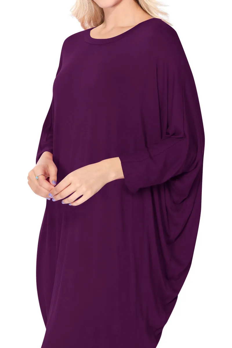 Women's Dolman Sleeves Side Draped Lightweight Solid Midi Dress S-XL