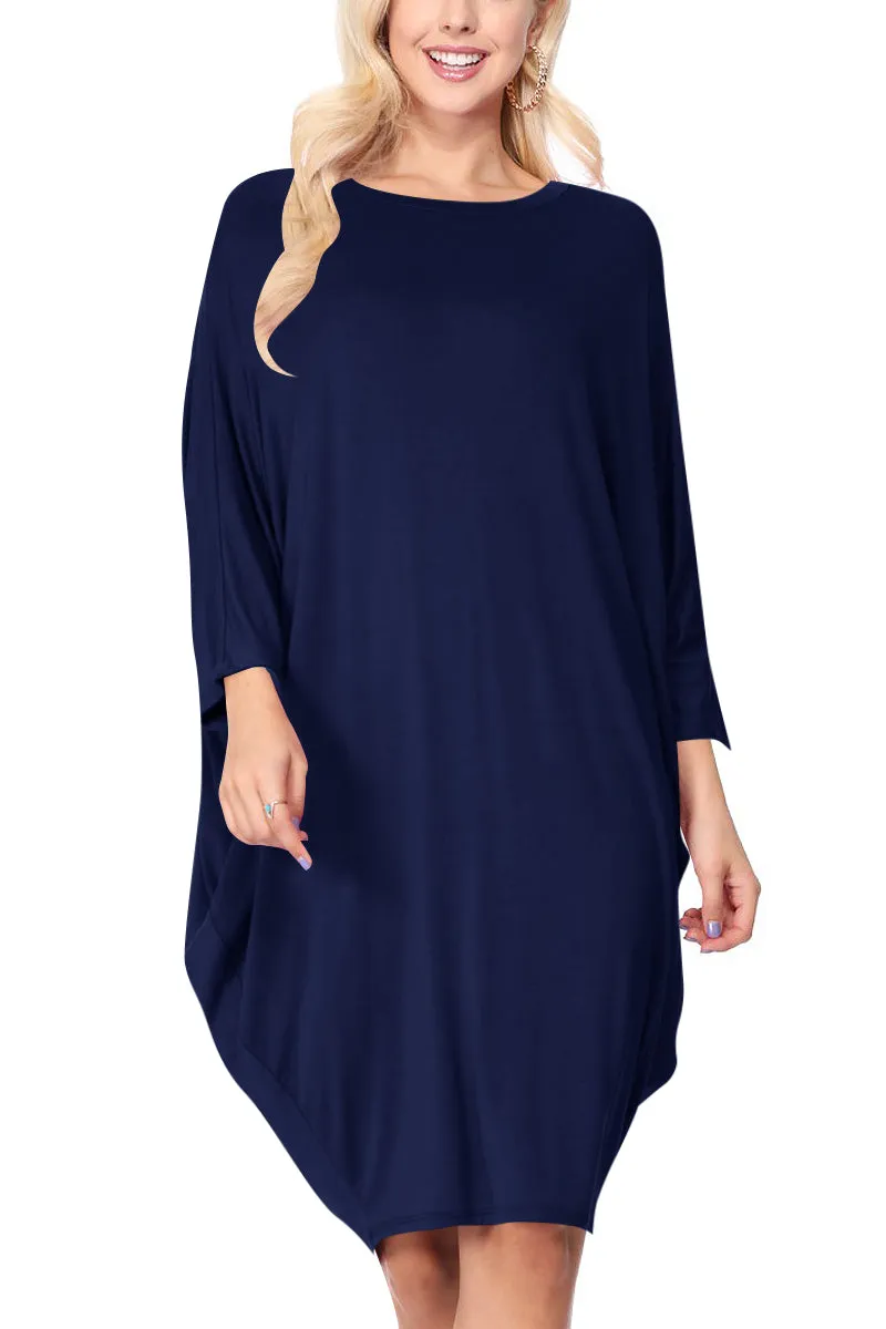 Women's Dolman Sleeves Side Draped Lightweight Solid Midi Dress S-XL