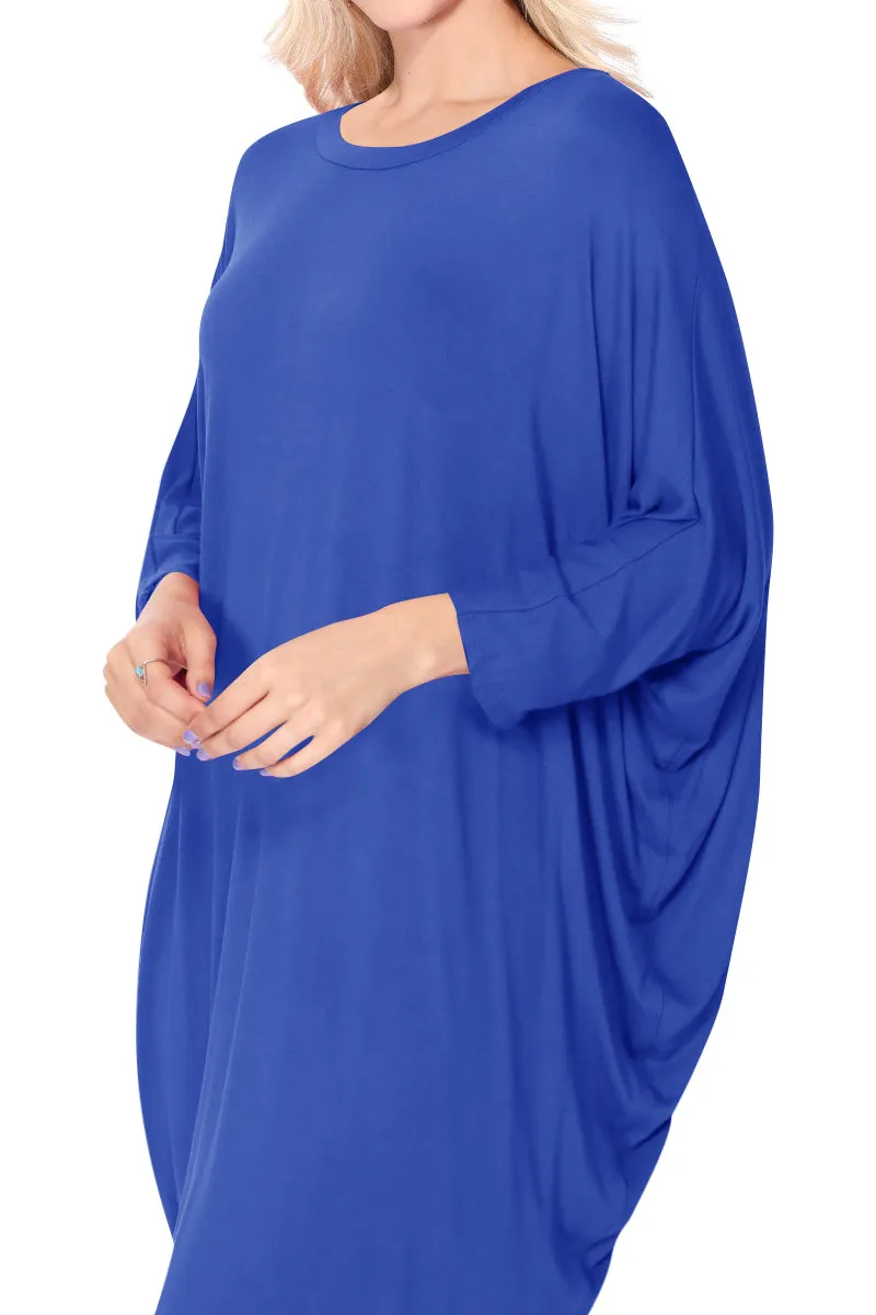 Women's Dolman Sleeves Side Draped Lightweight Solid Midi Dress S-XL
