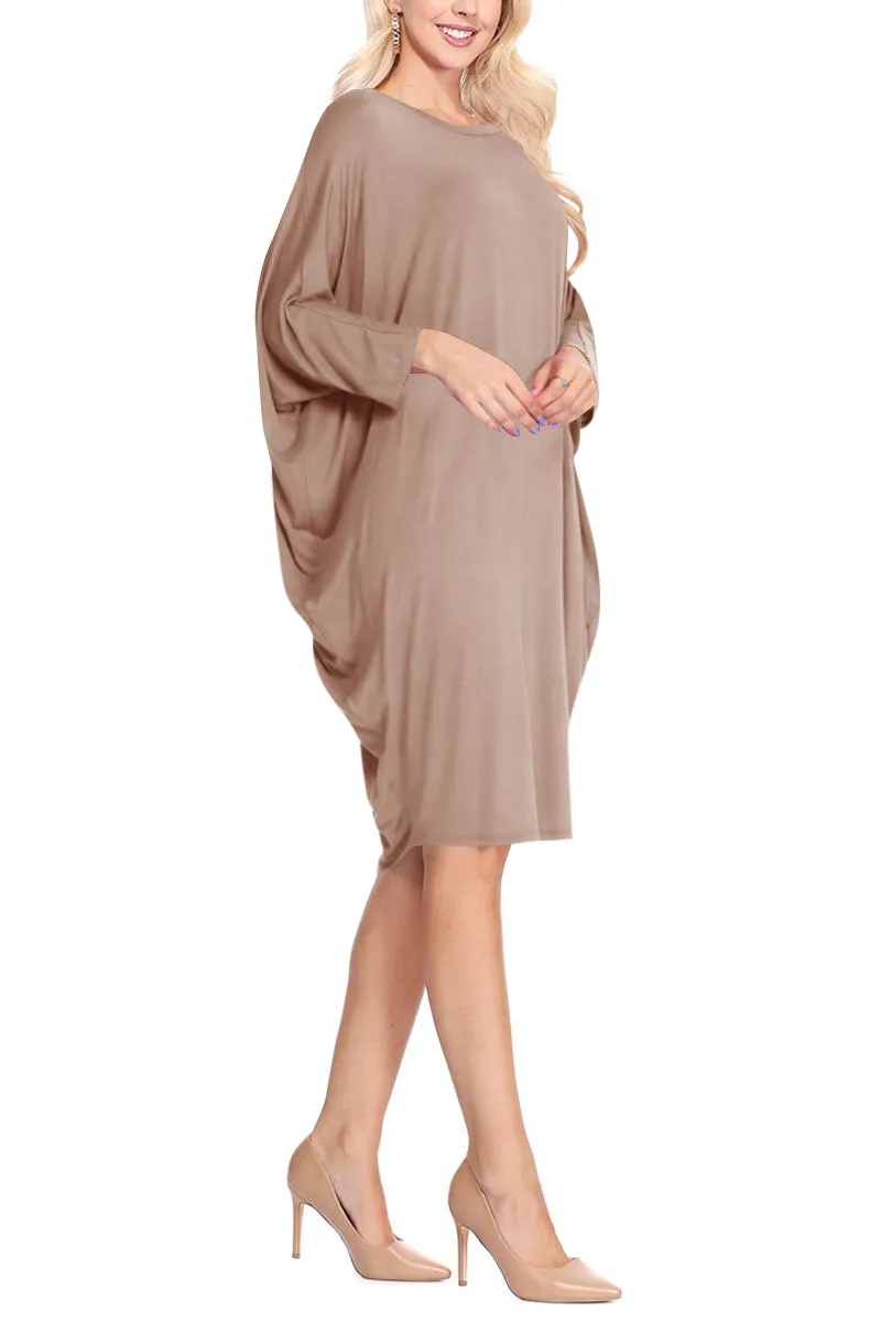 Women's Dolman Sleeves Side Draped Lightweight Solid Midi Dress S-XL