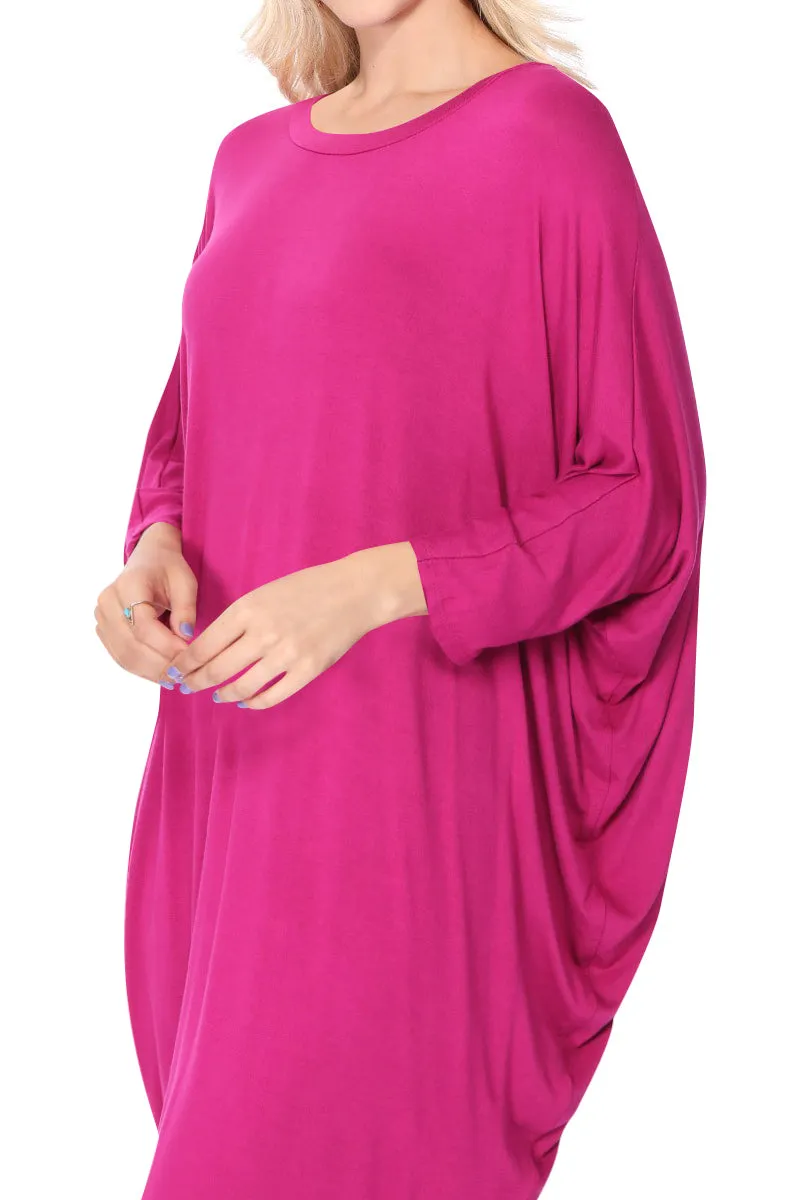 Women's Dolman Sleeves Side Draped Lightweight Solid Midi Dress S-XL