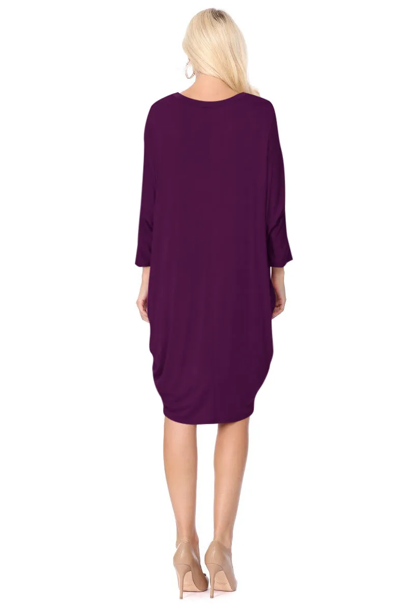 Women's Dolman Sleeves Side Draped Lightweight Solid Midi Dress S-XL