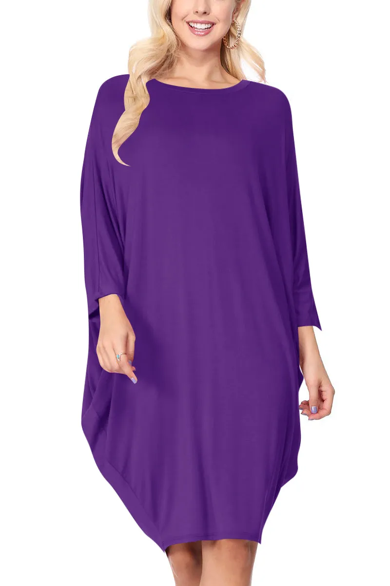 Women's Dolman Sleeves Side Draped Lightweight Solid Midi Dress S-XL