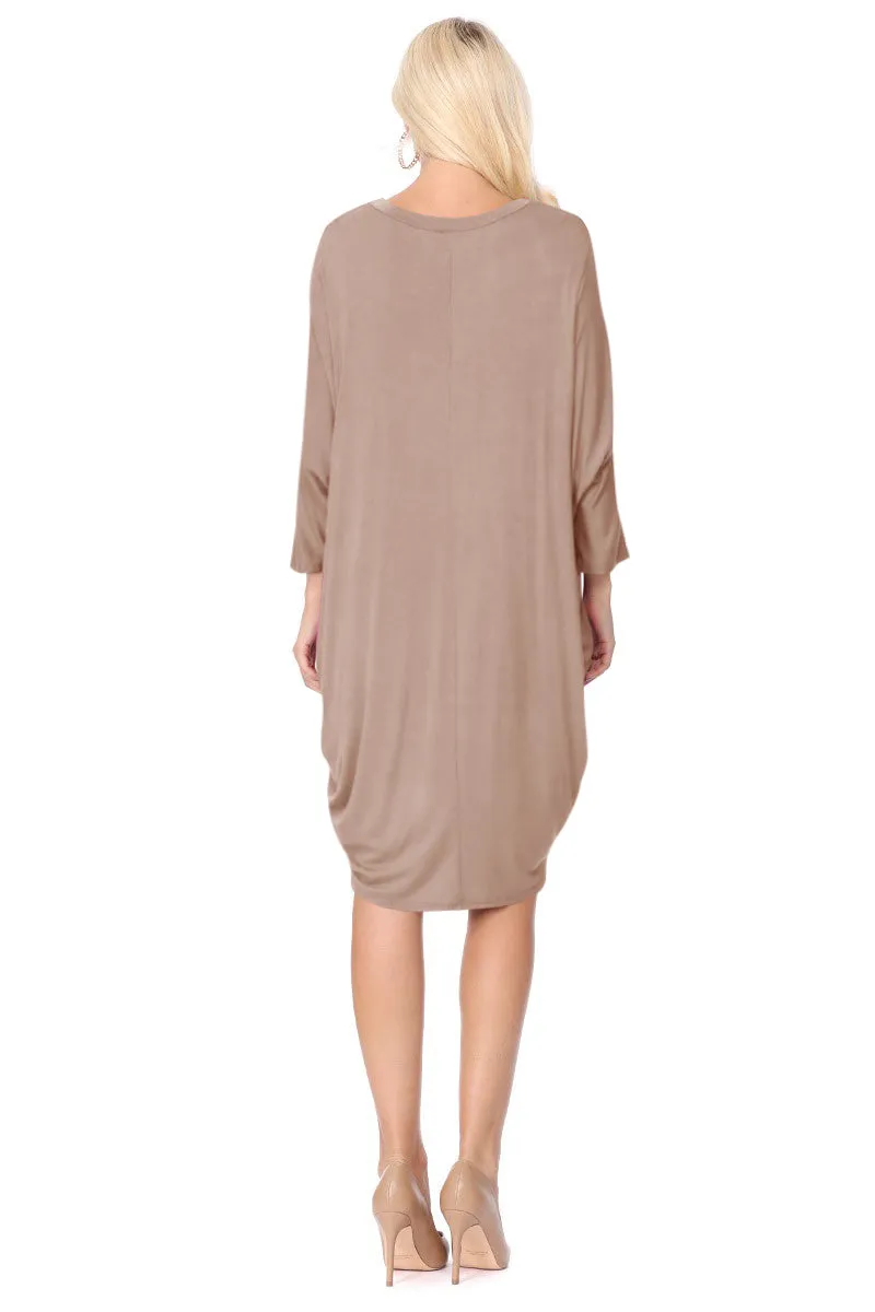 Women's Dolman Sleeves Side Draped Lightweight Solid Midi Dress S-XL