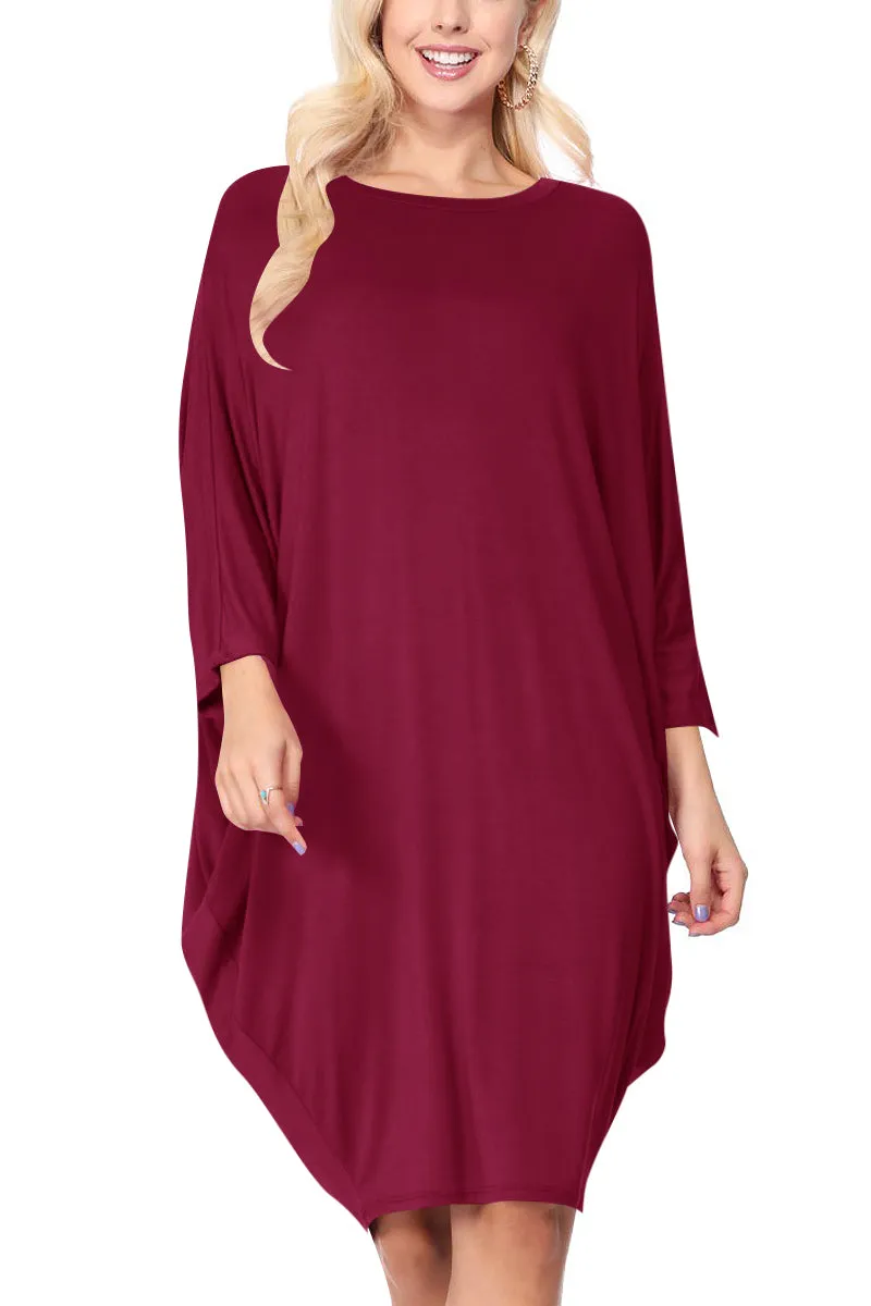 Women's Dolman Sleeves Side Draped Lightweight Solid Midi Dress S-XL