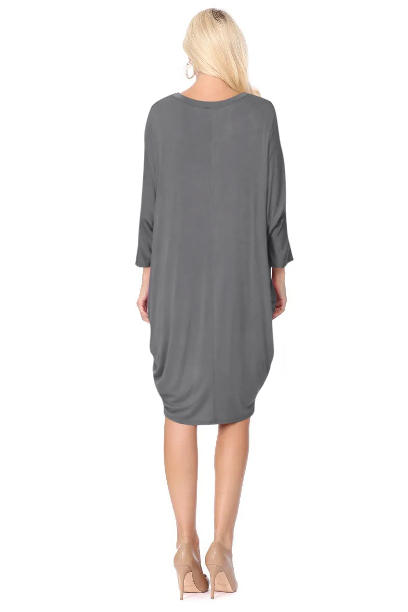 Women's Dolman Sleeves Side Draped Lightweight Solid Midi Dress S-XL