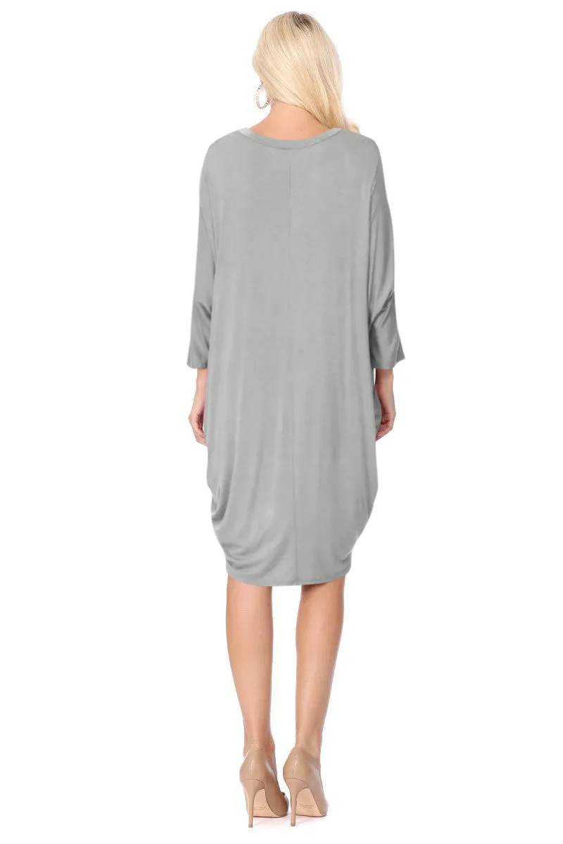 Women's Dolman Sleeves Side Draped Lightweight Solid Midi Dress S-XL
