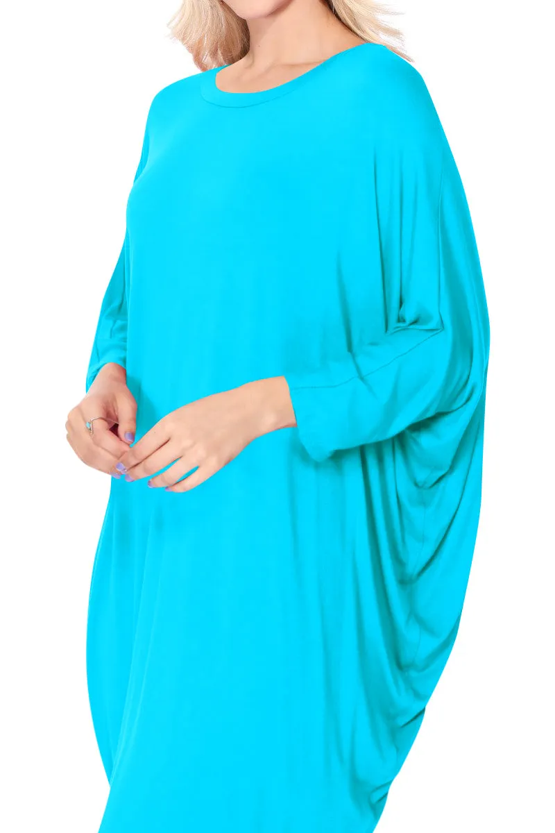 Women's Dolman Sleeves Side Draped Lightweight Solid Midi Dress S-XL