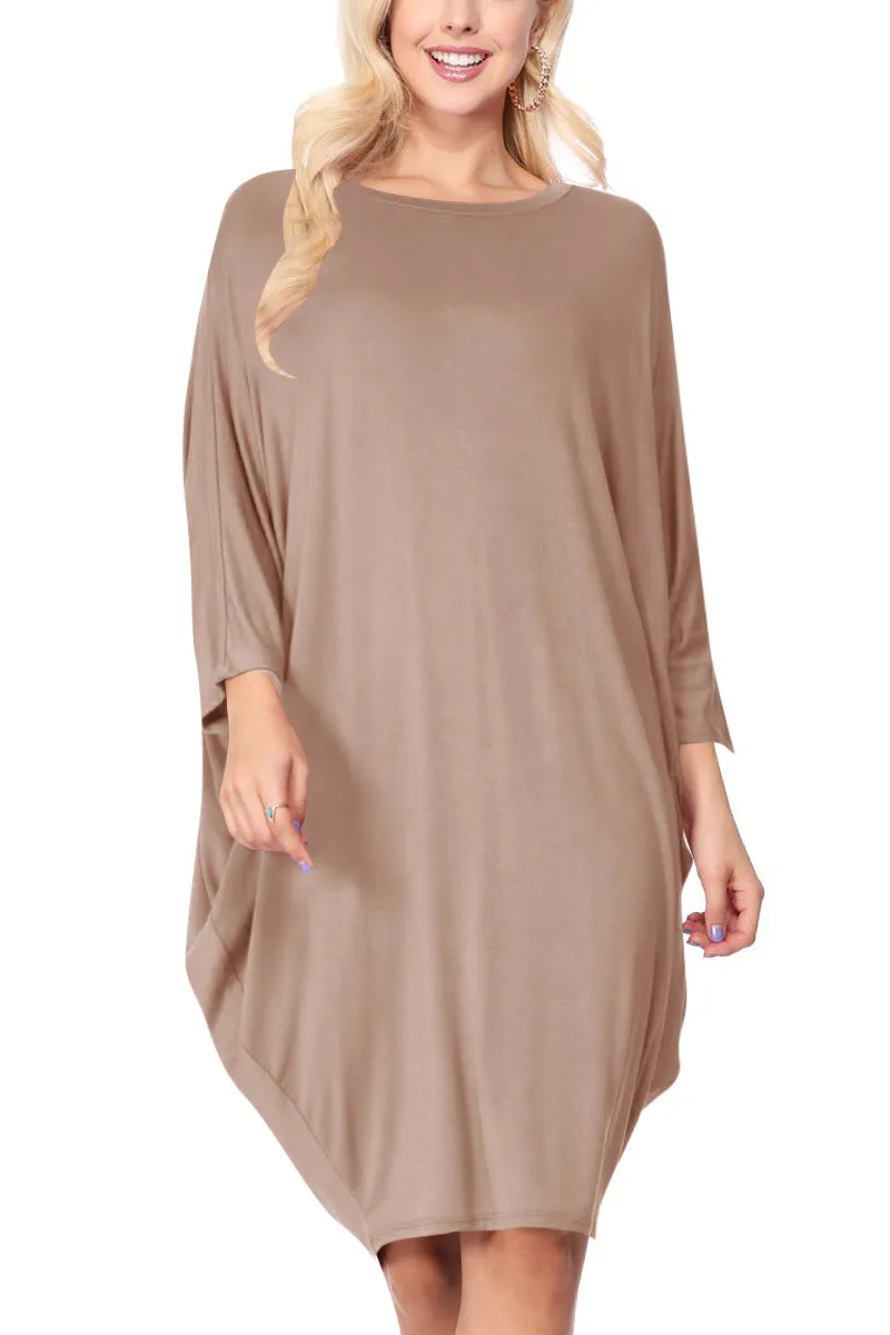 Women's Dolman Sleeves Side Draped Lightweight Solid Midi Dress S-XL
