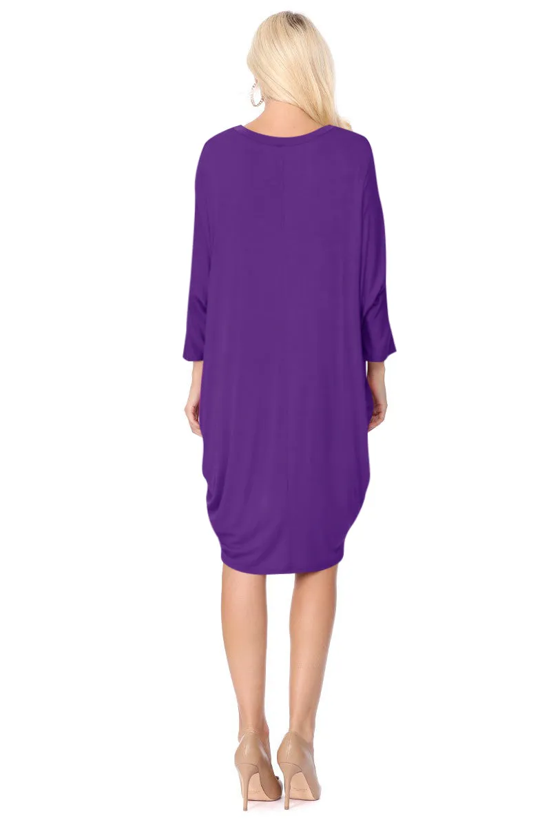 Women's Dolman Sleeves Side Draped Lightweight Solid Midi Dress S-XL