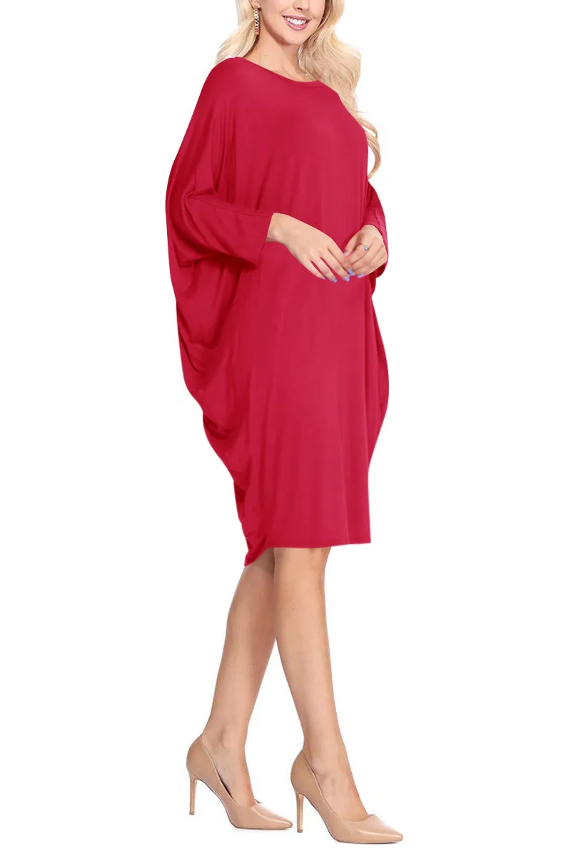 Women's Dolman Sleeves Side Draped Lightweight Solid Midi Dress S-XL
