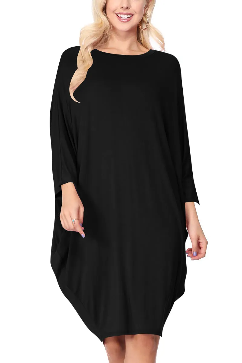 Women's Dolman Sleeves Side Draped Lightweight Solid Midi Dress S-XL