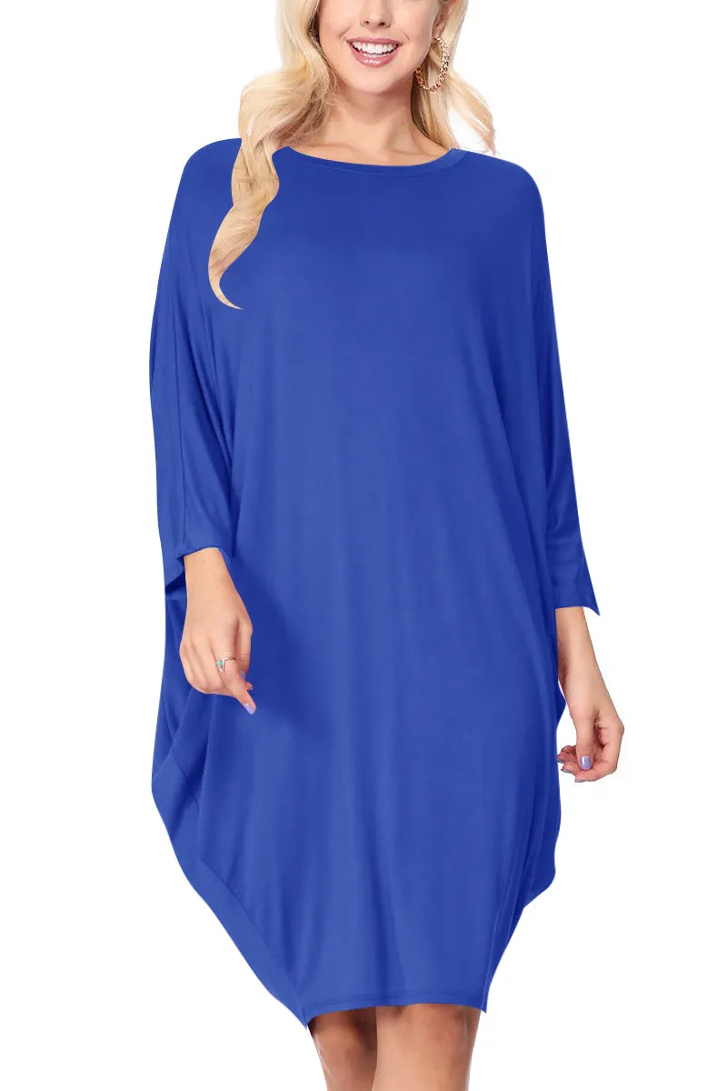Women's Dolman Sleeves Side Draped Lightweight Solid Midi Dress S-XL