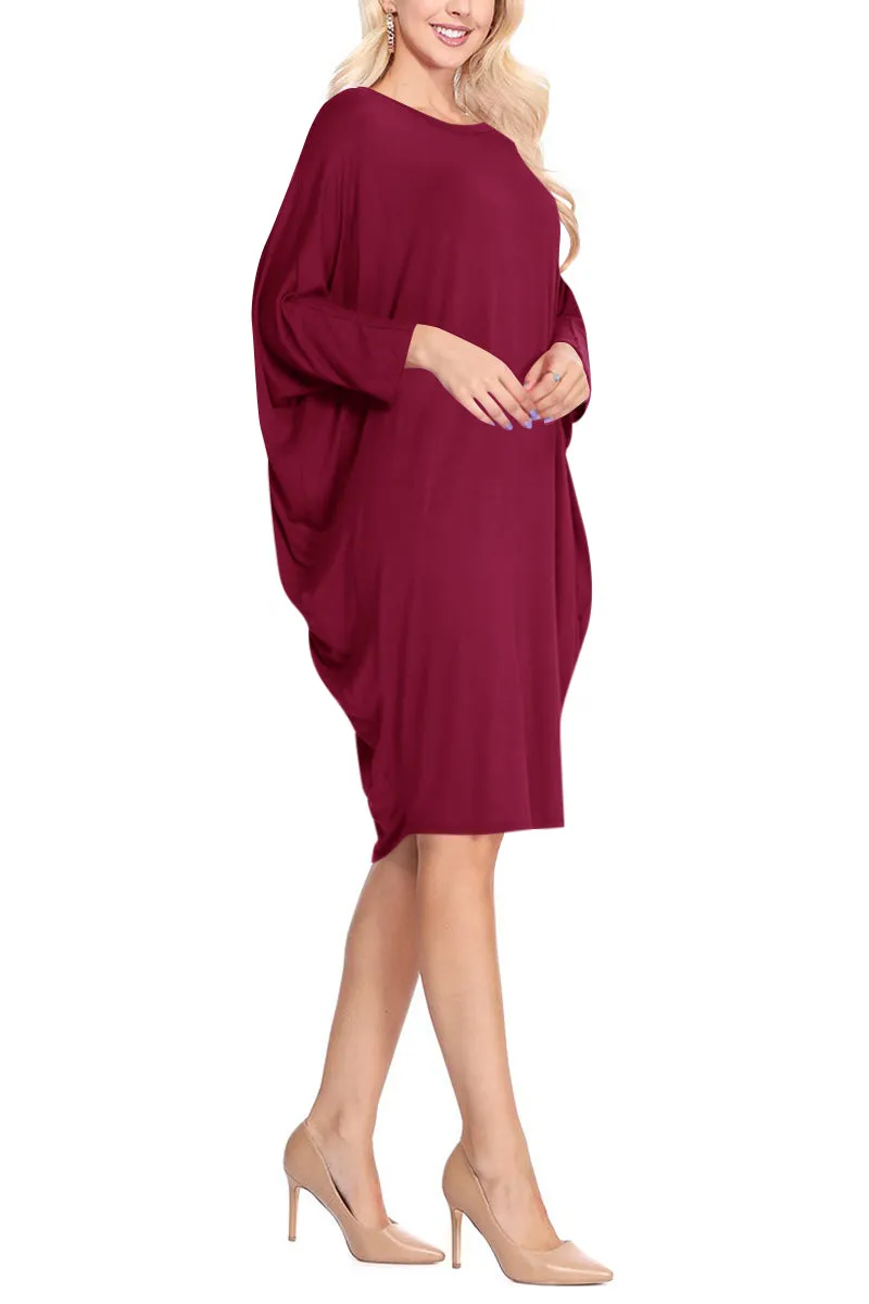 Women's Dolman Sleeves Side Draped Lightweight Solid Midi Dress S-XL