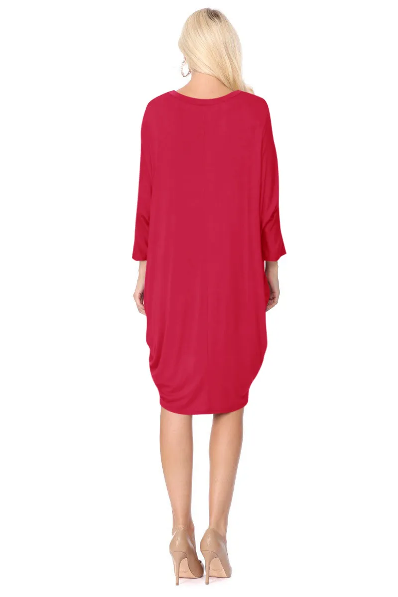 Women's Dolman Sleeves Side Draped Lightweight Solid Midi Dress S-XL