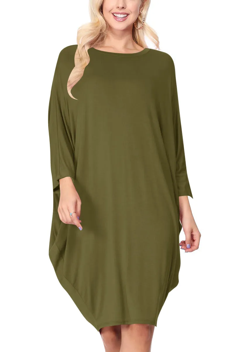 Women's Dolman Sleeves Side Draped Lightweight Solid Midi Dress S-XL