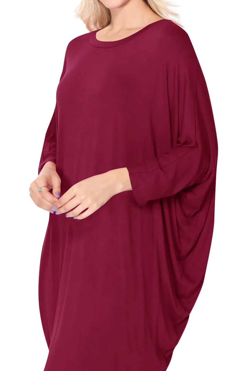 Women's Dolman Sleeves Side Draped Lightweight Solid Midi Dress S-XL