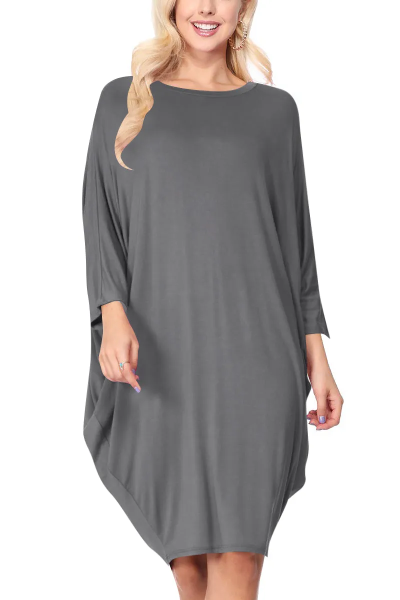 Women's Dolman Sleeves Side Draped Lightweight Solid Midi Dress S-XL