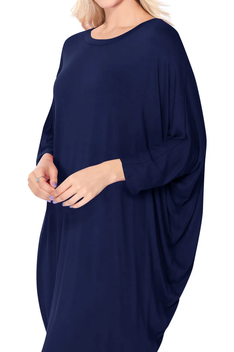 Women's Dolman Sleeves Side Draped Lightweight Solid Midi Dress S-XL