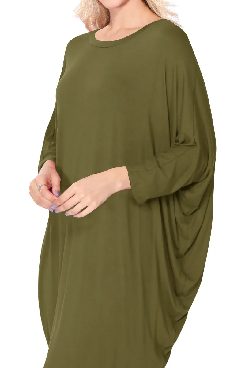 Women's Dolman Sleeves Side Draped Lightweight Solid Midi Dress S-XL