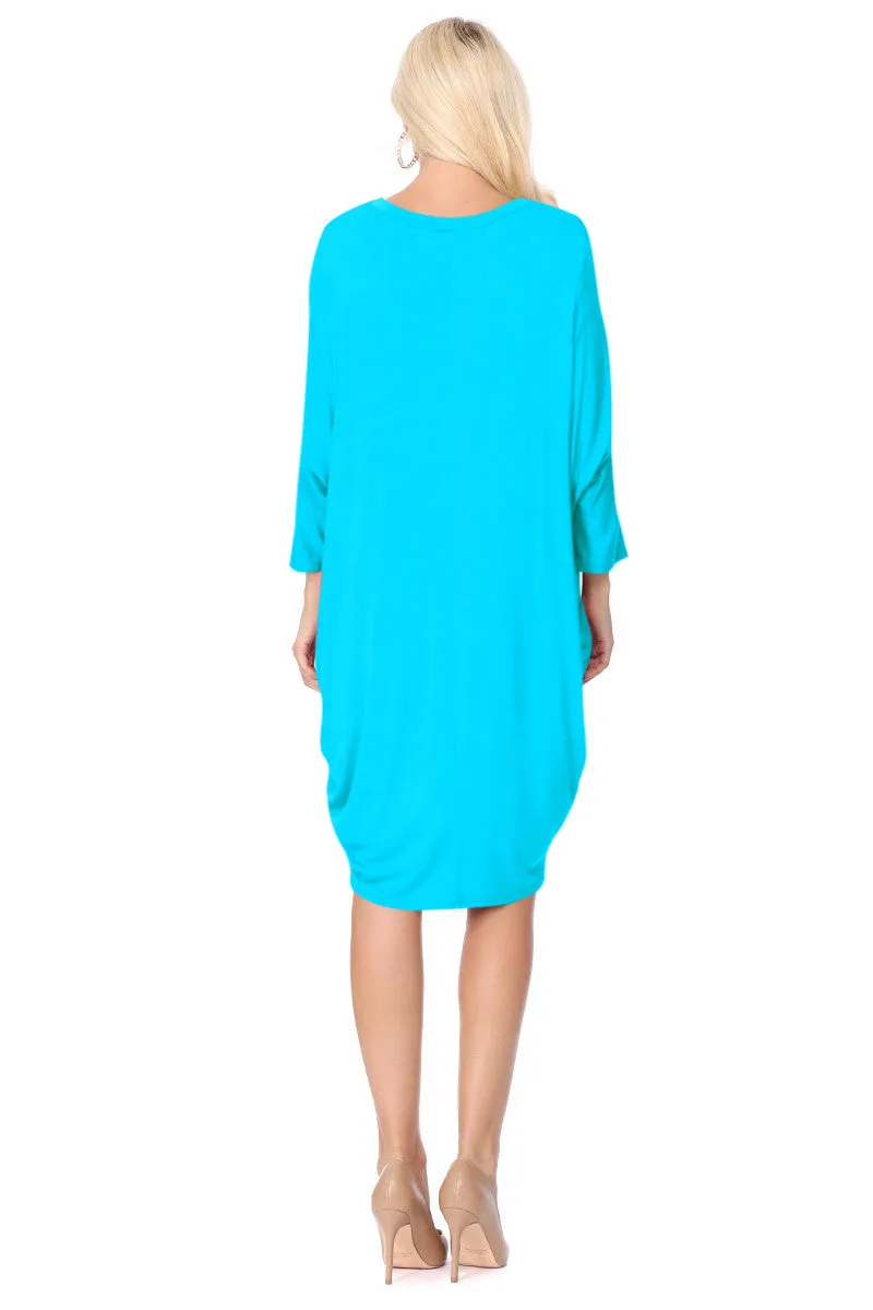 Women's Dolman Sleeves Side Draped Lightweight Solid Midi Dress S-XL