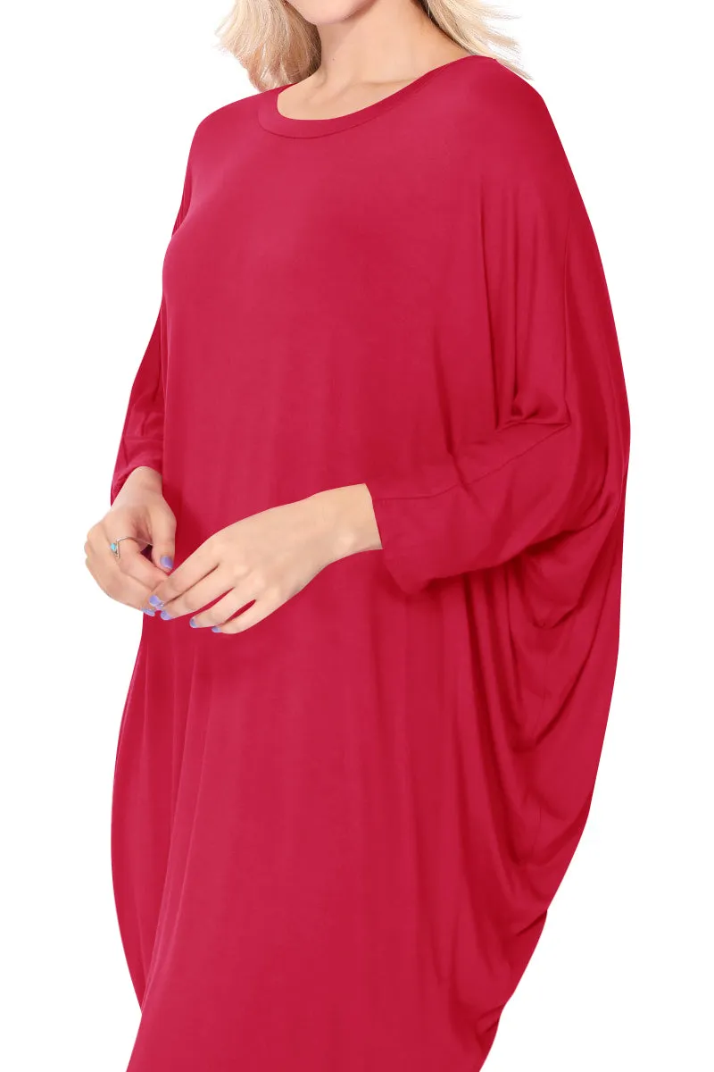 Women's Dolman Sleeves Side Draped Lightweight Solid Midi Dress S-XL
