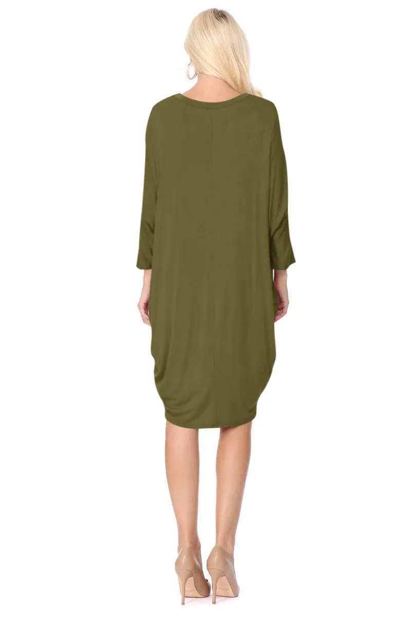 Women's Dolman Sleeves Side Draped Lightweight Solid Midi Dress S-XL