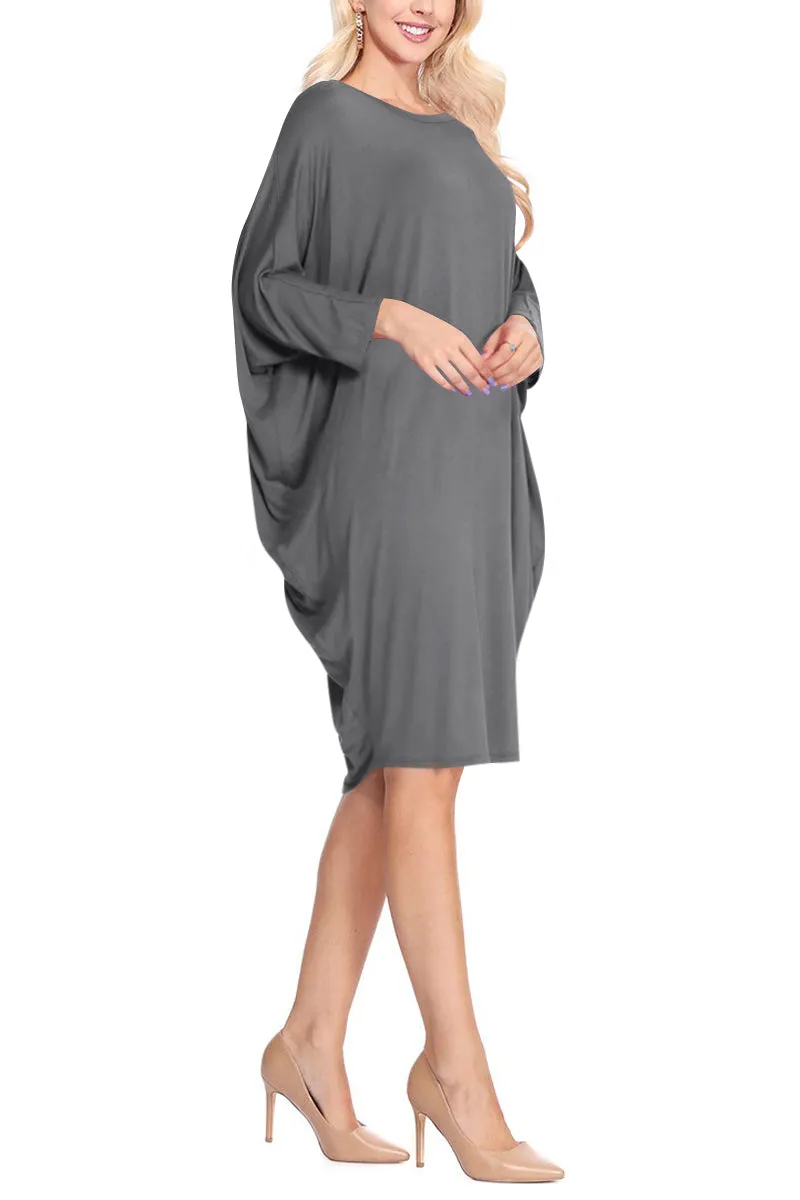 Women's Dolman Sleeves Side Draped Lightweight Solid Midi Dress S-XL