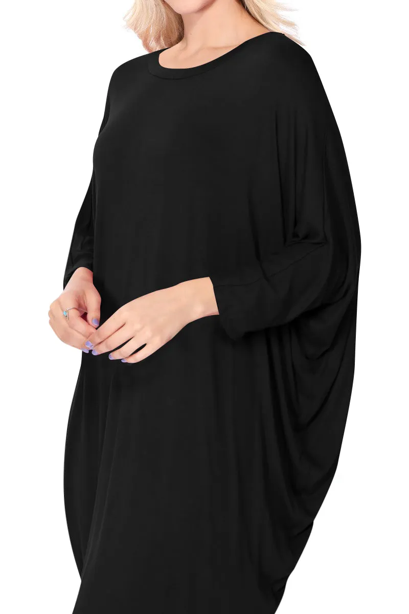 Women's Dolman Sleeves Side Draped Lightweight Solid Midi Dress S-XL