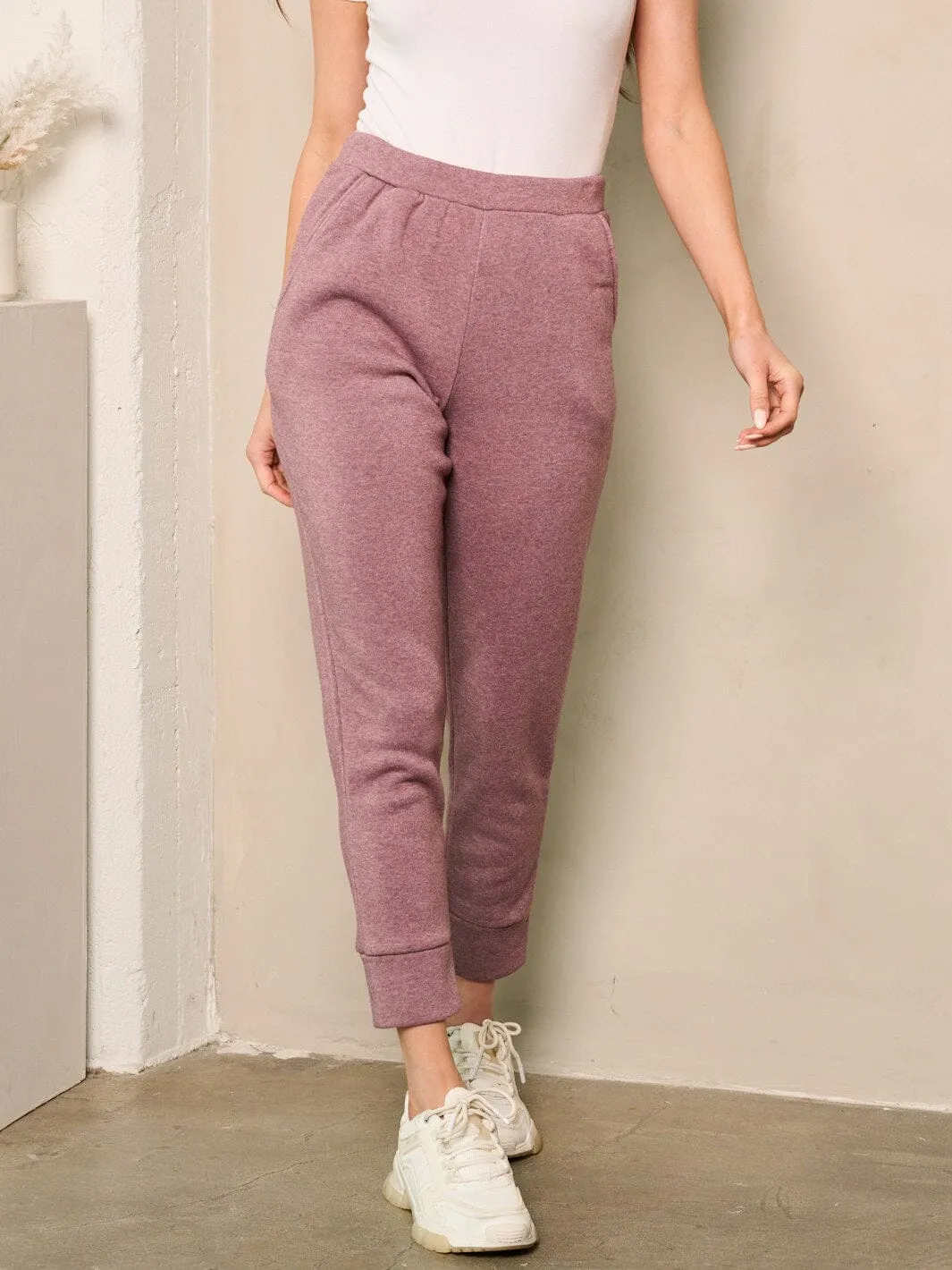 WOMEN'S ELASTIC WAIST SOLID POCKETS FLEECE PANTS