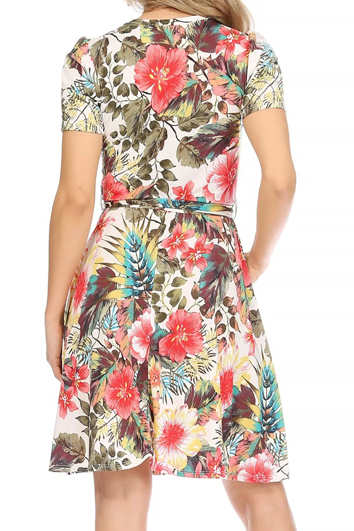 Women's Floral Print Belted Round Neckline Short Sleeve Casual Tunic Dress