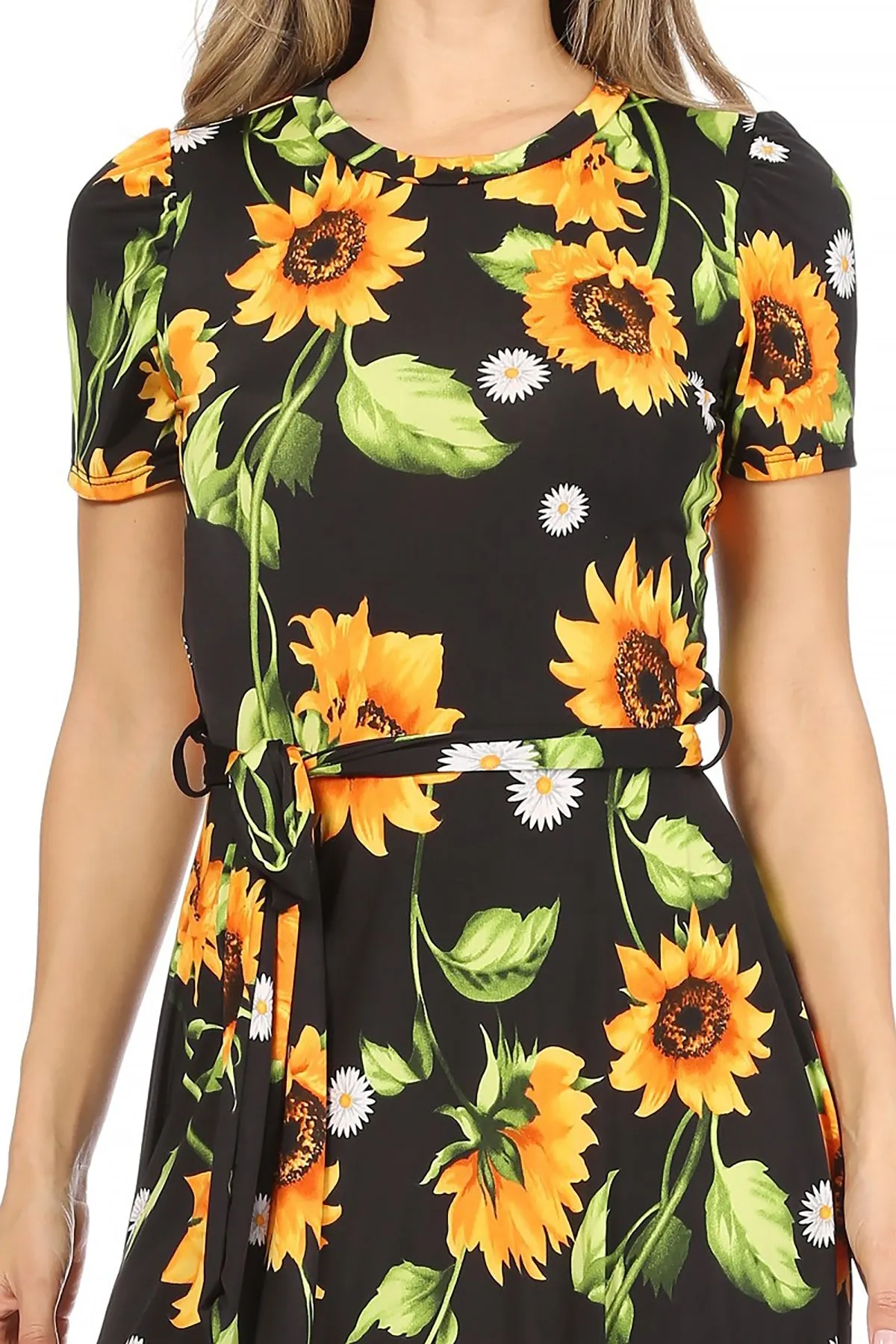Women's Floral Print Belted Round Neckline Short Sleeve Casual Tunic Dress