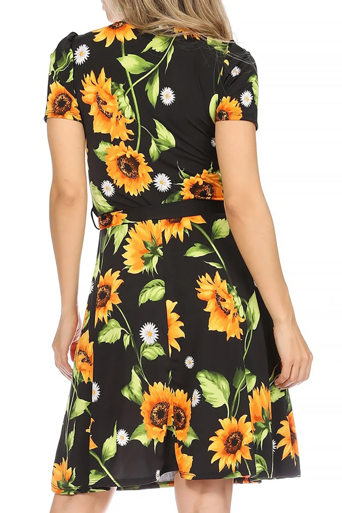 Women's Floral Print Belted Round Neckline Short Sleeve Casual Tunic Dress