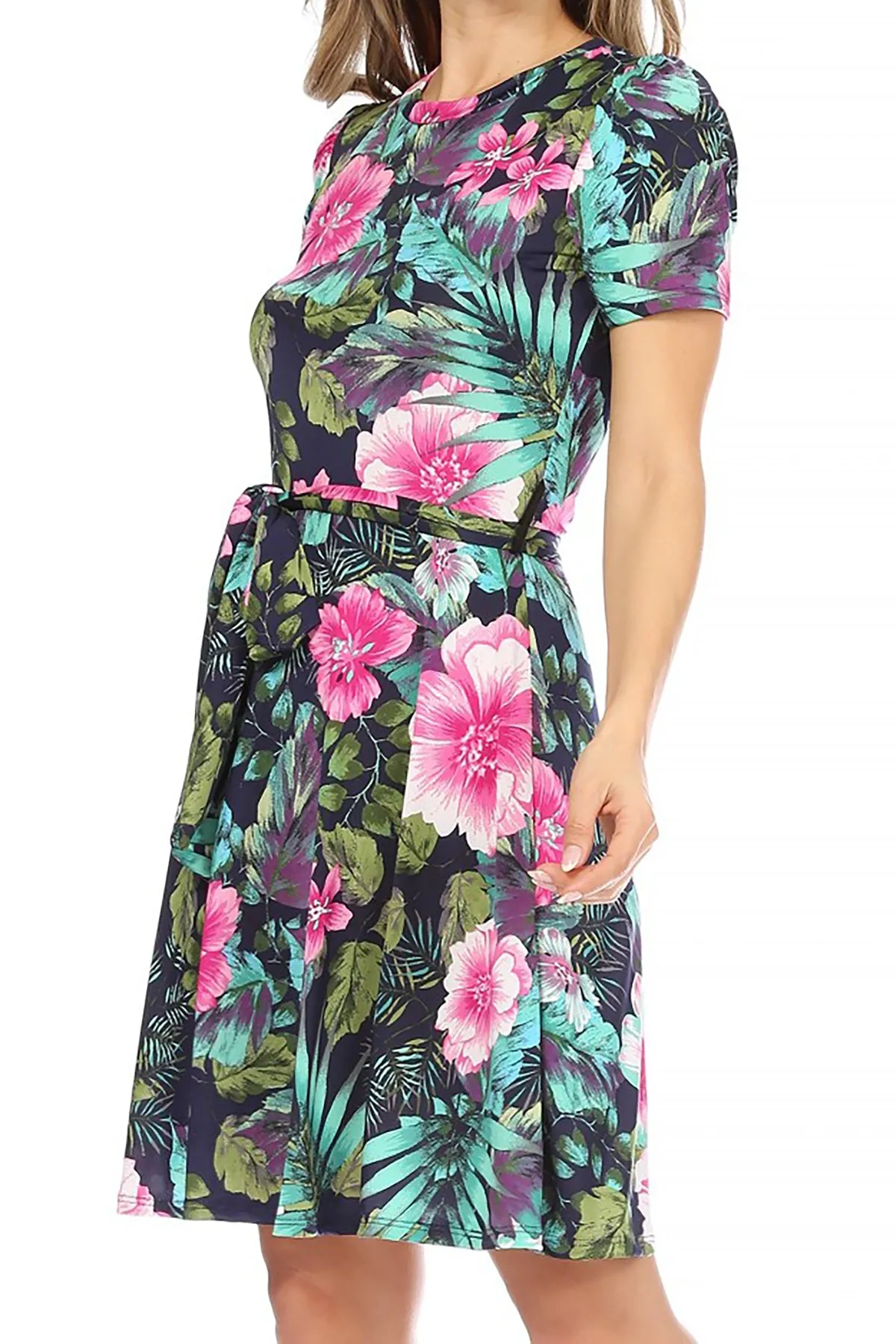Women's Floral Print Belted Round Neckline Short Sleeve Casual Tunic Dress