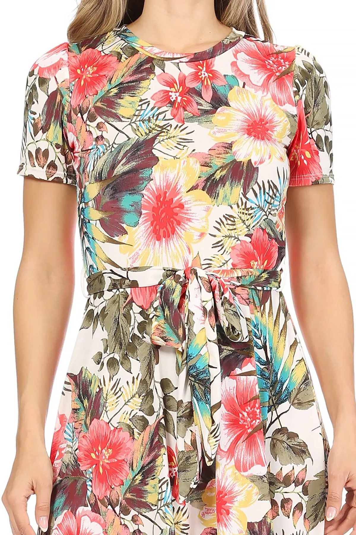 Women's Floral Print Belted Round Neckline Short Sleeve Casual Tunic Dress