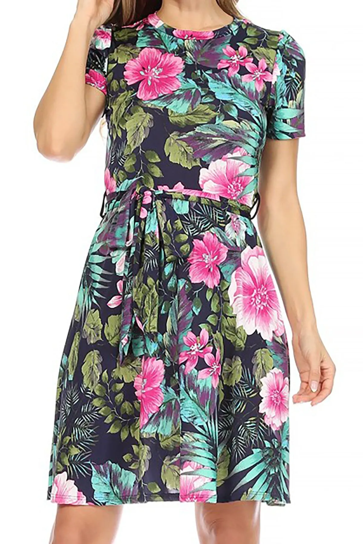 Women's Floral Print Belted Round Neckline Short Sleeve Casual Tunic Dress