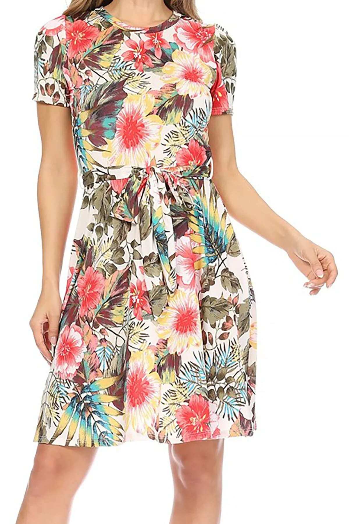 Women's Floral Print Belted Round Neckline Short Sleeve Casual Tunic Dress