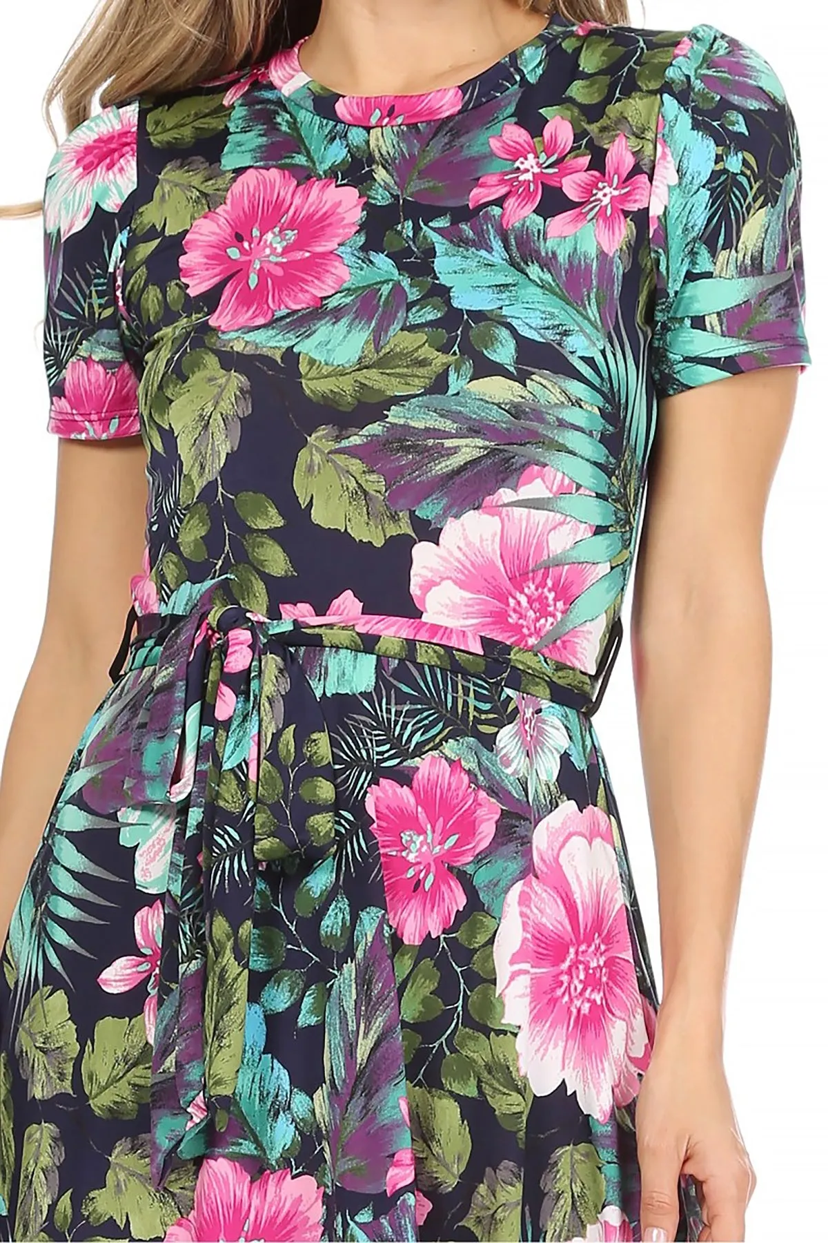Women's Floral Print Belted Round Neckline Short Sleeve Casual Tunic Dress