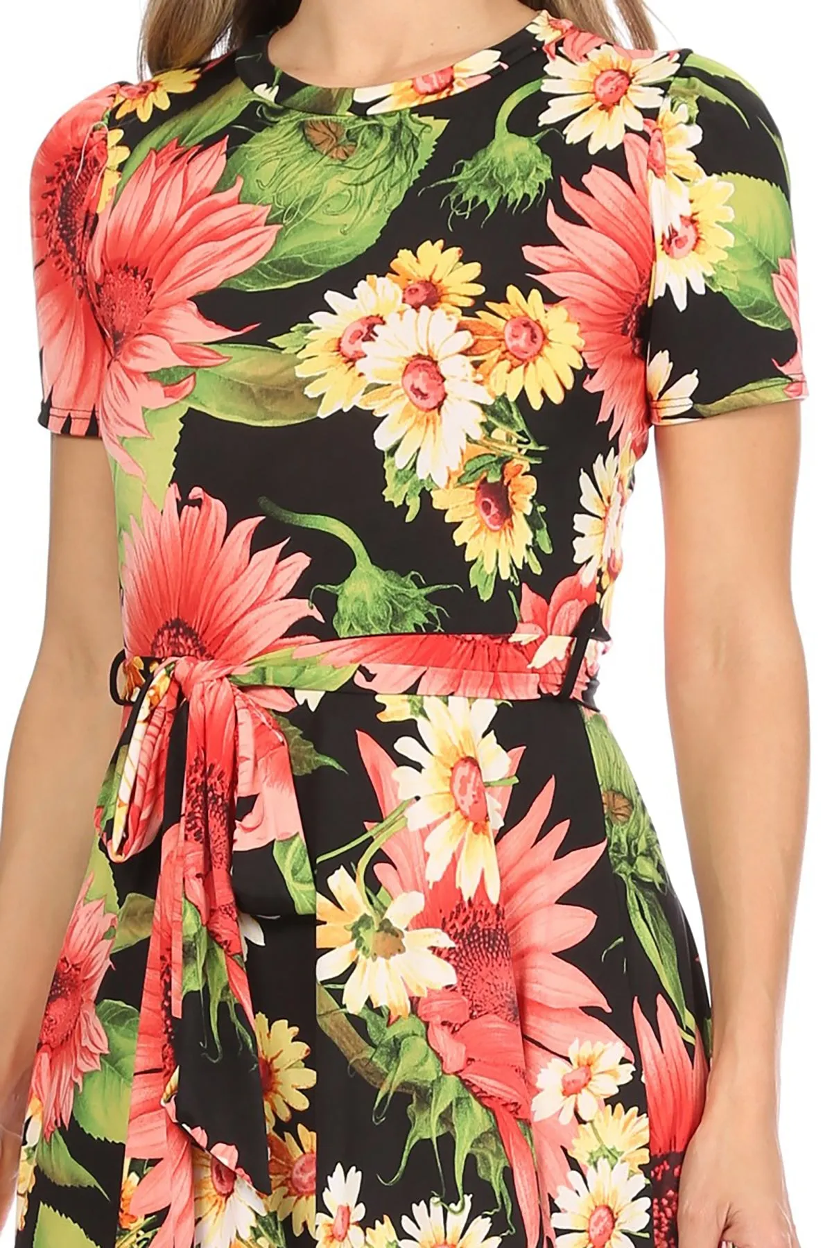Women's Floral Print Belted Round Neckline Short Sleeve Casual Tunic Dress