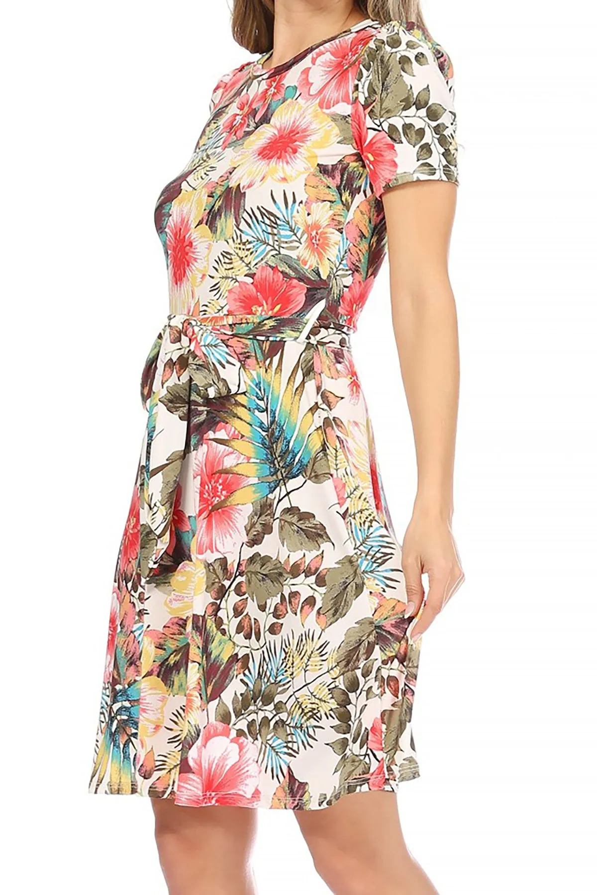 Women's Floral Print Belted Round Neckline Short Sleeve Casual Tunic Dress