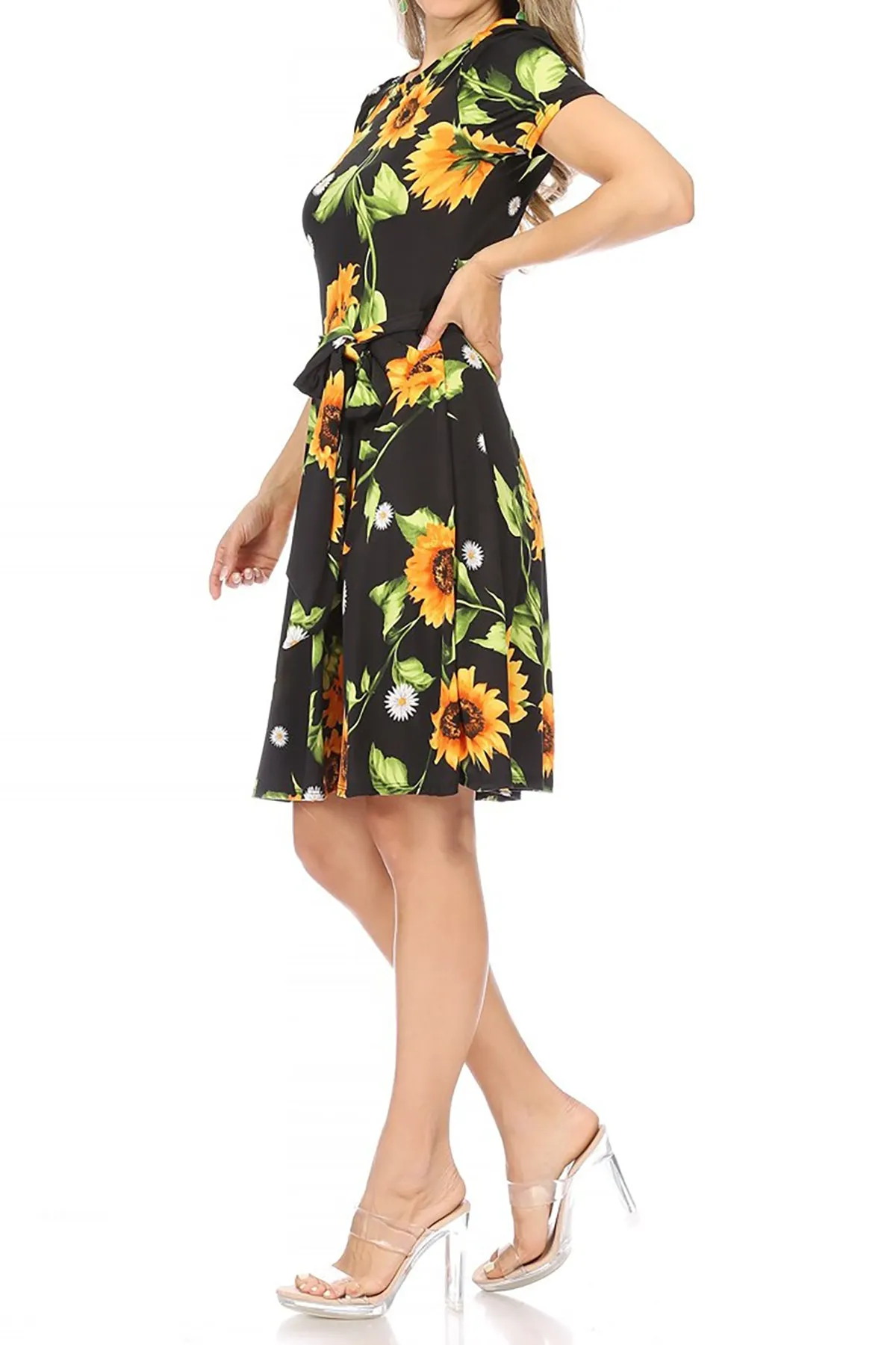 Women's Floral Print Belted Round Neckline Short Sleeve Casual Tunic Dress