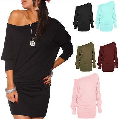 Womens Long Sleeve Off Shoulder Mini Batwing Tunic Short Dress Long Top short vestidos dress party dresses