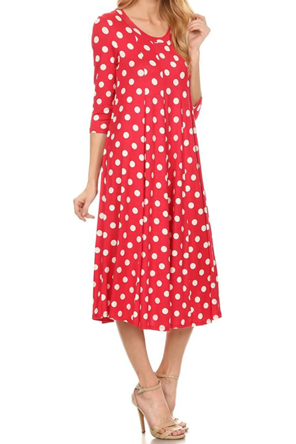 Women's Loose Fit Scoop Neck 3/4 Sleeve Polka Dot Patterned A-Line Midi Dress