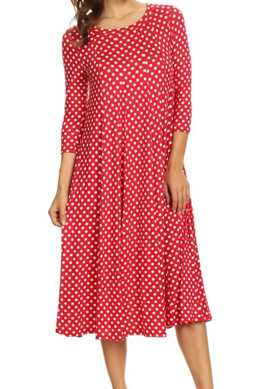 Women's Loose Fit Scoop Neck 3/4 Sleeve Polka Dot Patterned A-Line Midi Dress