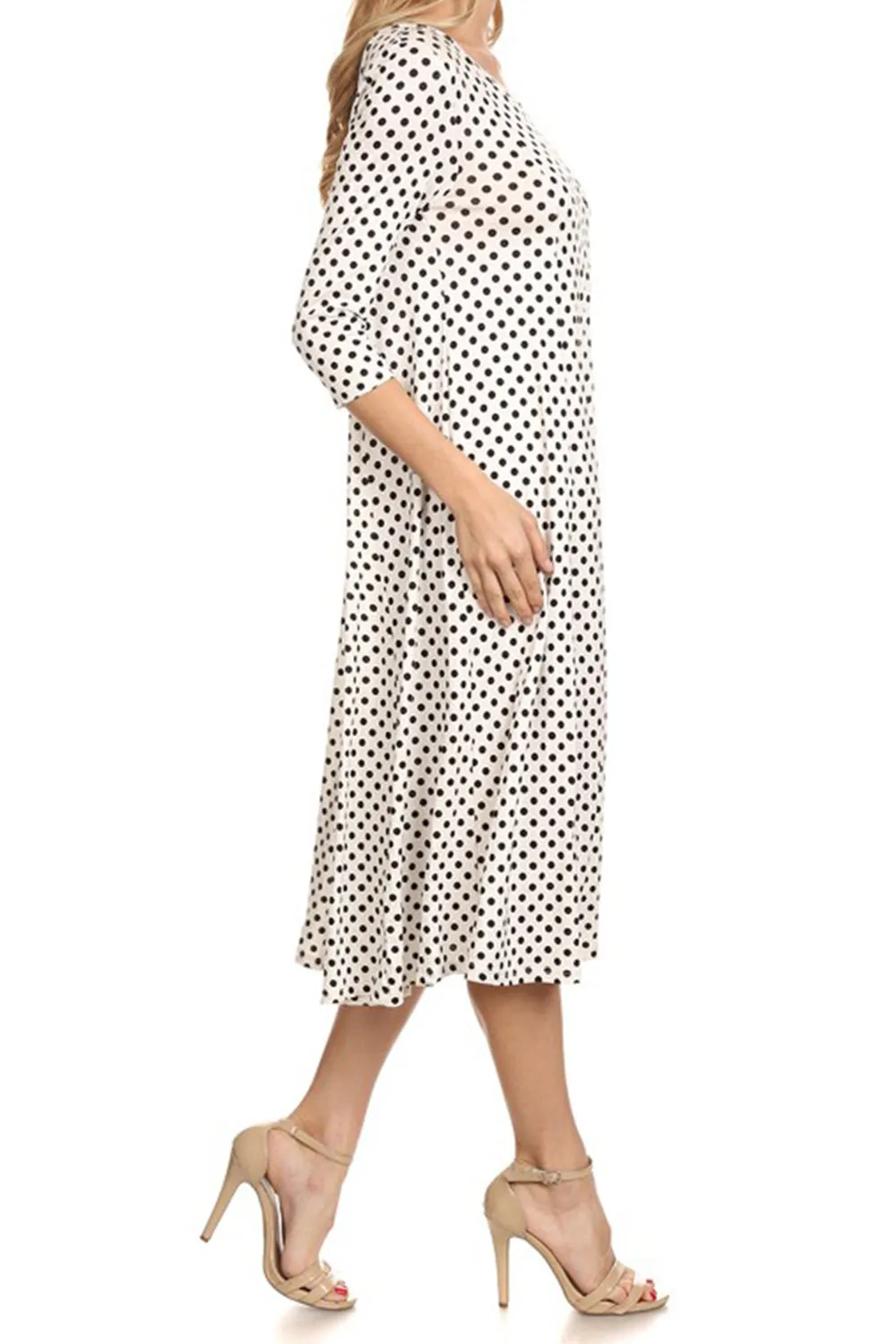 Women's Loose Fit Scoop Neck 3/4 Sleeve Polka Dot Patterned A-Line Midi Dress
