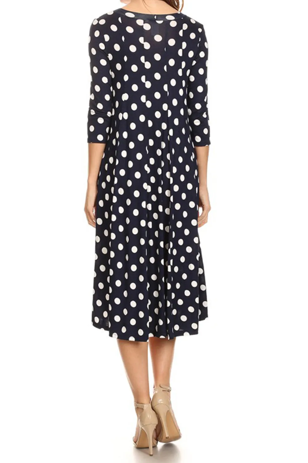 Women's Loose Fit Scoop Neck 3/4 Sleeve Polka Dot Patterned A-Line Midi Dress