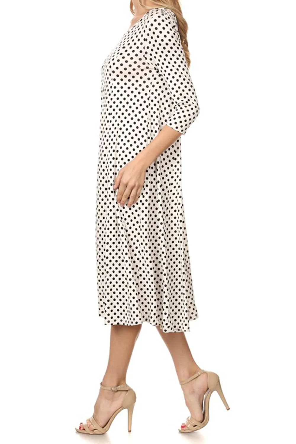 Women's Loose Fit Scoop Neck 3/4 Sleeve Polka Dot Patterned A-Line Midi Dress